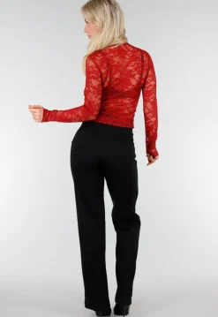 Rode Kanten Mesh Top met Lange Mouwen en Col