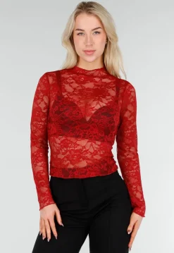 Rode Kanten Mesh Top met Lange Mouwen en Col