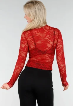 Rode Kanten Mesh Top met Lange Mouwen en Col