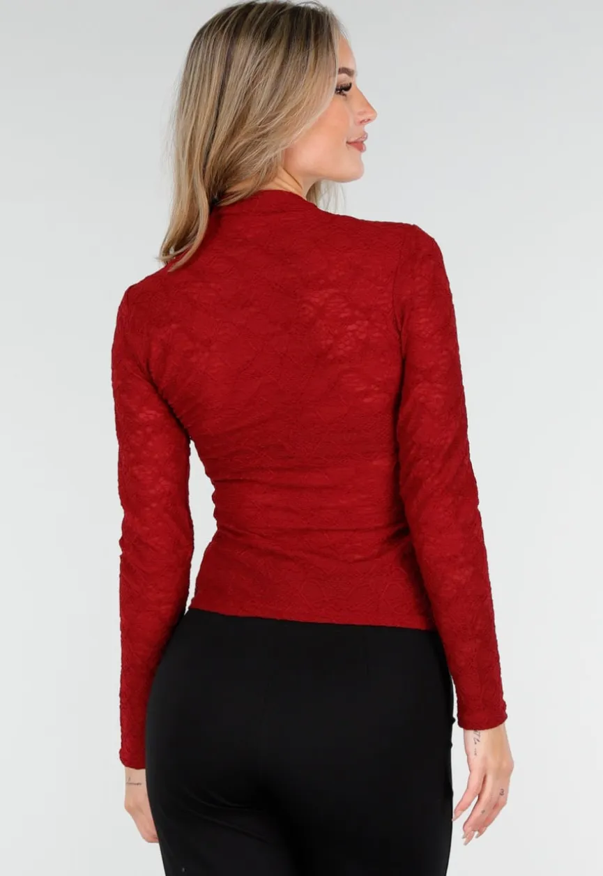 Rode Kant Stretch Top met Lange Mouwen en Hoge Hals