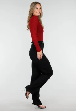 Rode Kant Stretch Top met Lange Mouwen en Hoge Hals