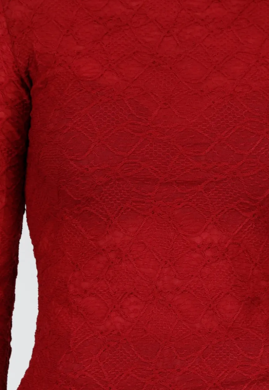 Rode Kant Stretch Top met Lange Mouwen en Hoge Hals