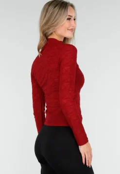 Rode Kant Stretch Top met Lange Mouwen en Hoge Hals