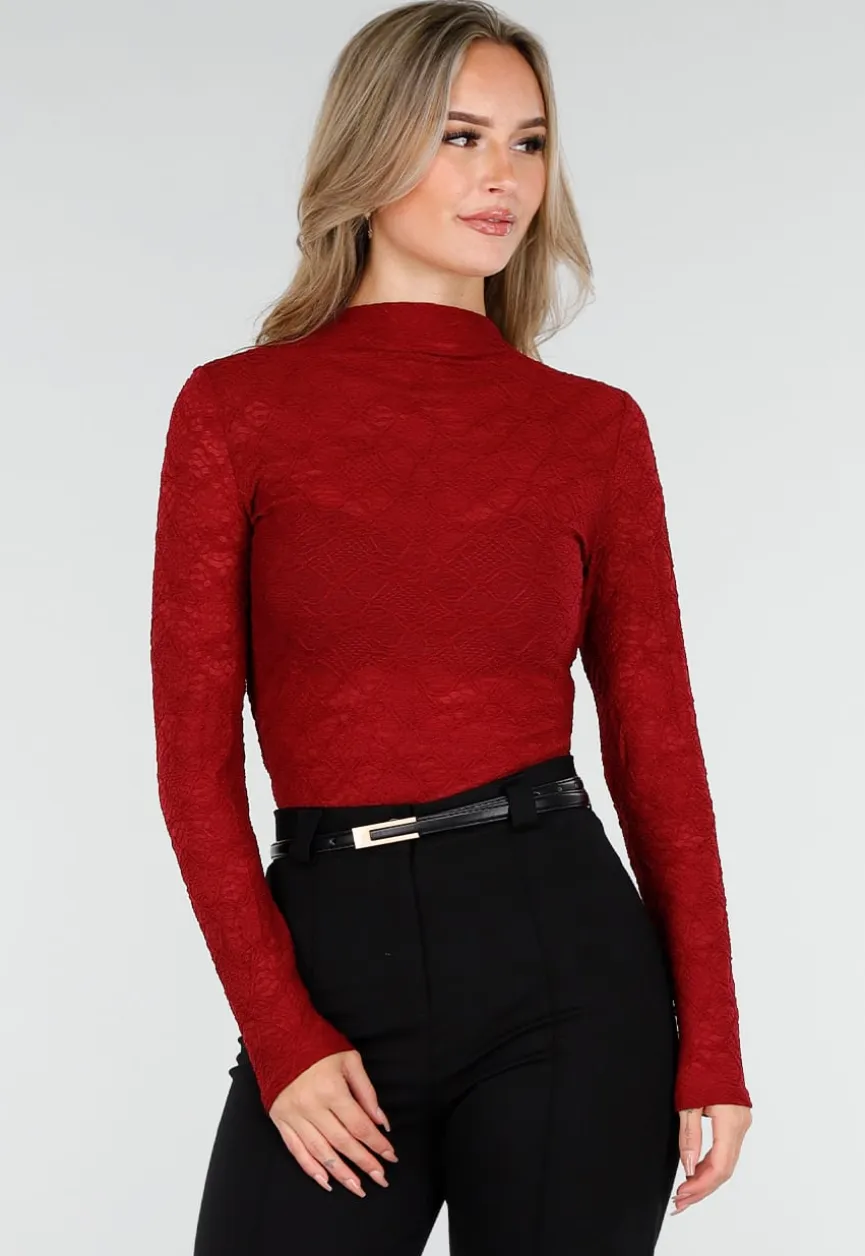 Rode Kant Stretch Top met Lange Mouwen en Hoge Hals