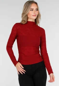 Rode Kant Stretch Top met Lange Mouwen en Hoge Hals