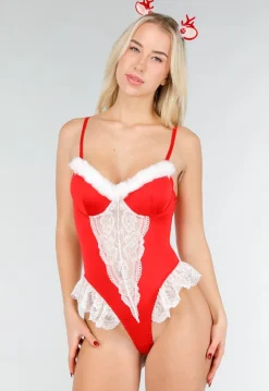 Rode Kerst Lingerie Body met Kant en Rendier Oortjes