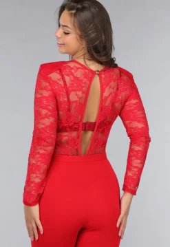 Rode Lace Stretch Jumpsuit met Rechte Pijpen