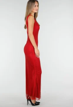 Rode Lange Glitter Jurk met Strass Steentjes en Lage Rug