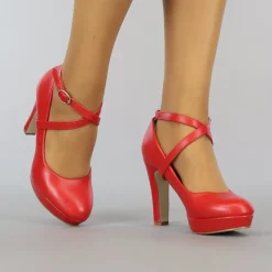Rode Lederlook Pumps met Enkelbandje
