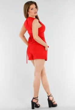 Rode Linnenlook 2-Piece met Asymmetrische Knoopsluiting