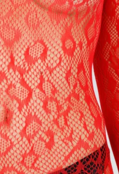 Rode Mesh Bodystocking met Open Rug en Stretch