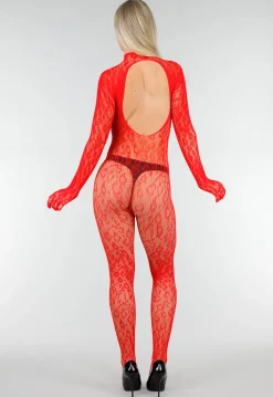 Rode Mesh Bodystocking met Open Rug en Stretch
