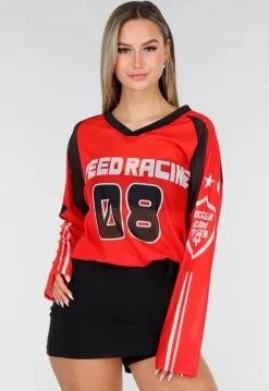 Rode Mesh Jersey Top met Lange Mouwen