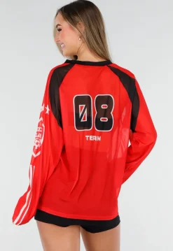 Rode Mesh Jersey Top met Lange Mouwen