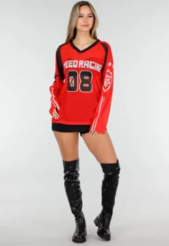 Rode Mesh Jersey Top met Lange Mouwen