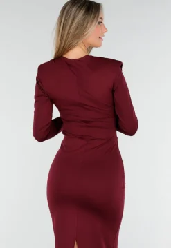 Rode Midi Jurk met Lange Mouwen en Goudkleurige Ringdetail