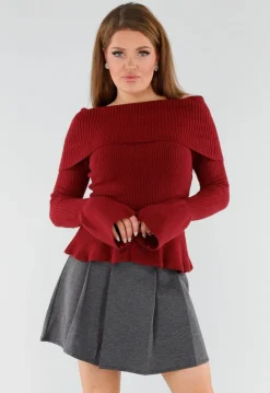 Rode Off Shoulder Gebreide Trui met Uitlopende Mouwen