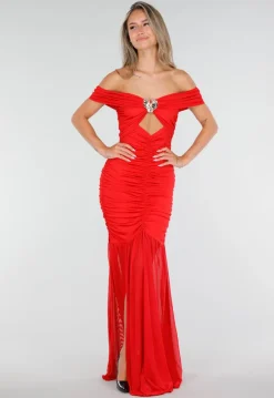 Rode Off Shoulder Maxi Jurk met Ruches en Mesh Details