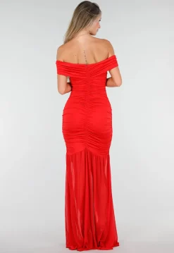 Rode Off Shoulder Maxi Jurk met Ruches en Mesh Details