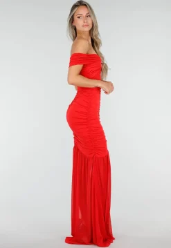 Rode Off Shoulder Maxi Jurk met Ruches en Mesh Details