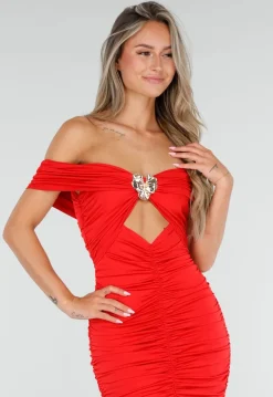 Rode Off Shoulder Maxi Jurk met Ruches en Mesh Details