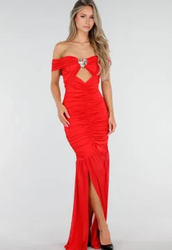 Rode Off Shoulder Maxi Jurk met Ruches en Mesh Details