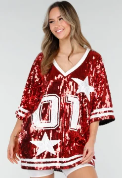 Rode Oversized Pailletten Jersey Top met V Hals