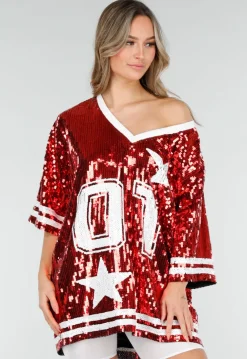 Rode Oversized Pailletten Jersey Top met V Hals