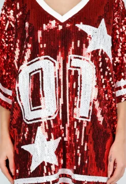 Rode Oversized Pailletten Jersey Top met V Hals