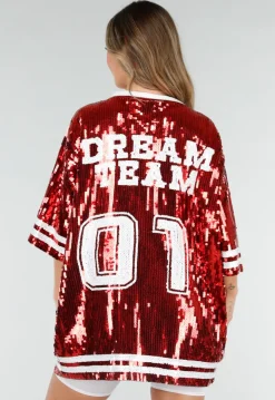 Rode Oversized Pailletten Jersey Top met V Hals