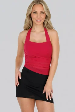 Rode Padded Halter Top met Mesh Detail Ruches en Stretch