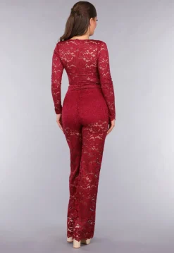 Rode Padded Lace Bodysuit met Lange Mouwen