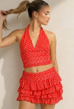 Rode Polkadot Halter Top met Ruffle Skort Set