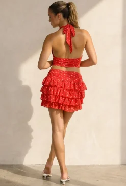 Rode Polkadot Halter Top met Ruffle Skort Set