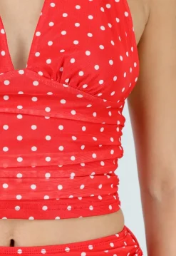 Rode Polkadot Halter Top met Ruffle Skort Set