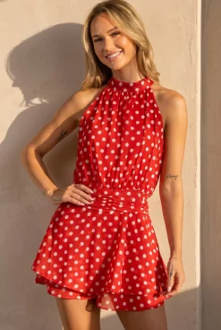 Rode Polkadot Playsuit met Halterhals en Volant