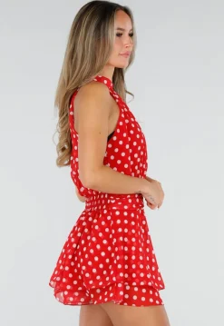 Rode Polkadot Playsuit met Halterhals en Volant