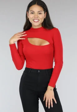 Rode Rib Bodysuit met Uitsnede