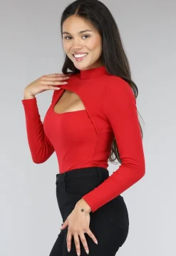 Rode Rib Bodysuit met Uitsnede