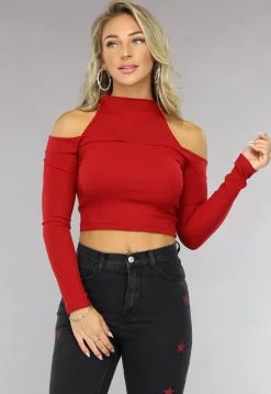 Rode Ribstof Top met Off Shoulder Detail