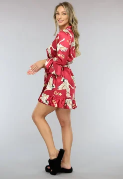 Rode Satin Kimono met Ruches en Print