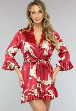 Rode Satin Kimono met Ruches en Print