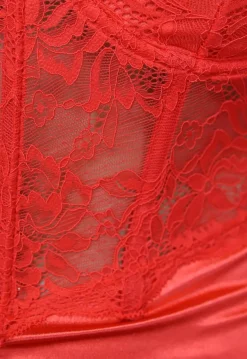 Rode Satin Korset Jurk met Kanten Detail en Beugels