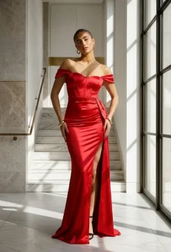 Rode Stretch Satijnen Off Shoulder Maxi Jurk met Split