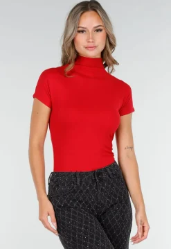 Rode Stretch Top met Col en Korte Mouwen