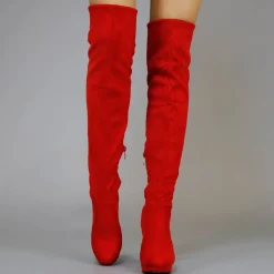 Rode Suède-Look Overknee Laarzen met Hak