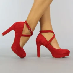 Rode Suède-Look Pumps met Enkelbandje