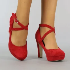 Rode Suède-Look Pumps met Enkelbandje
