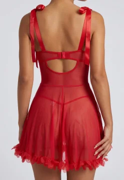 Rode Transparante Babydoll Lingerieset met Bloemenrand