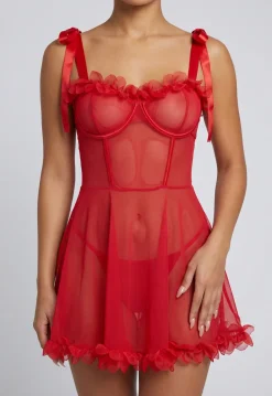 Rode Transparante Babydoll Lingerieset met Bloemenrand
